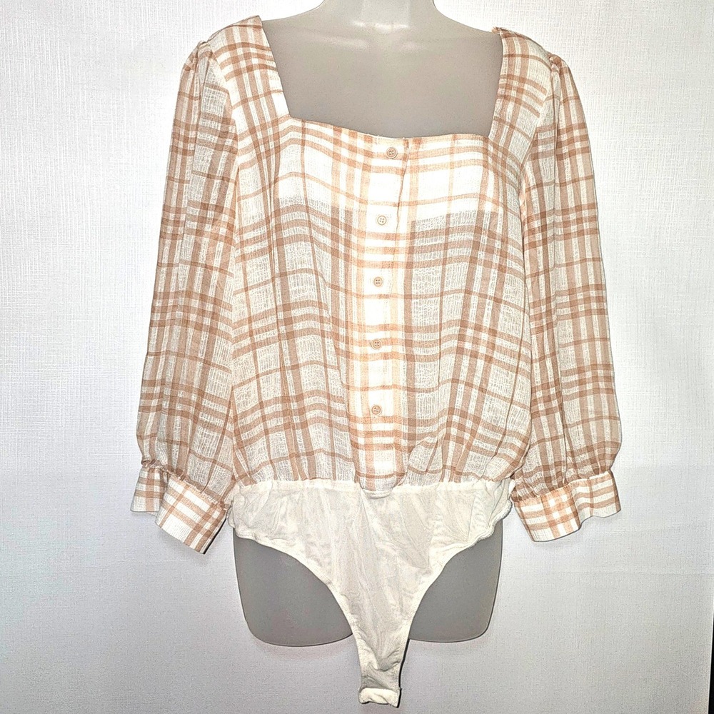 Lulus Sweet Disposition White Plaid Square Neck Button-Up Bodysuit‎ Sz XL